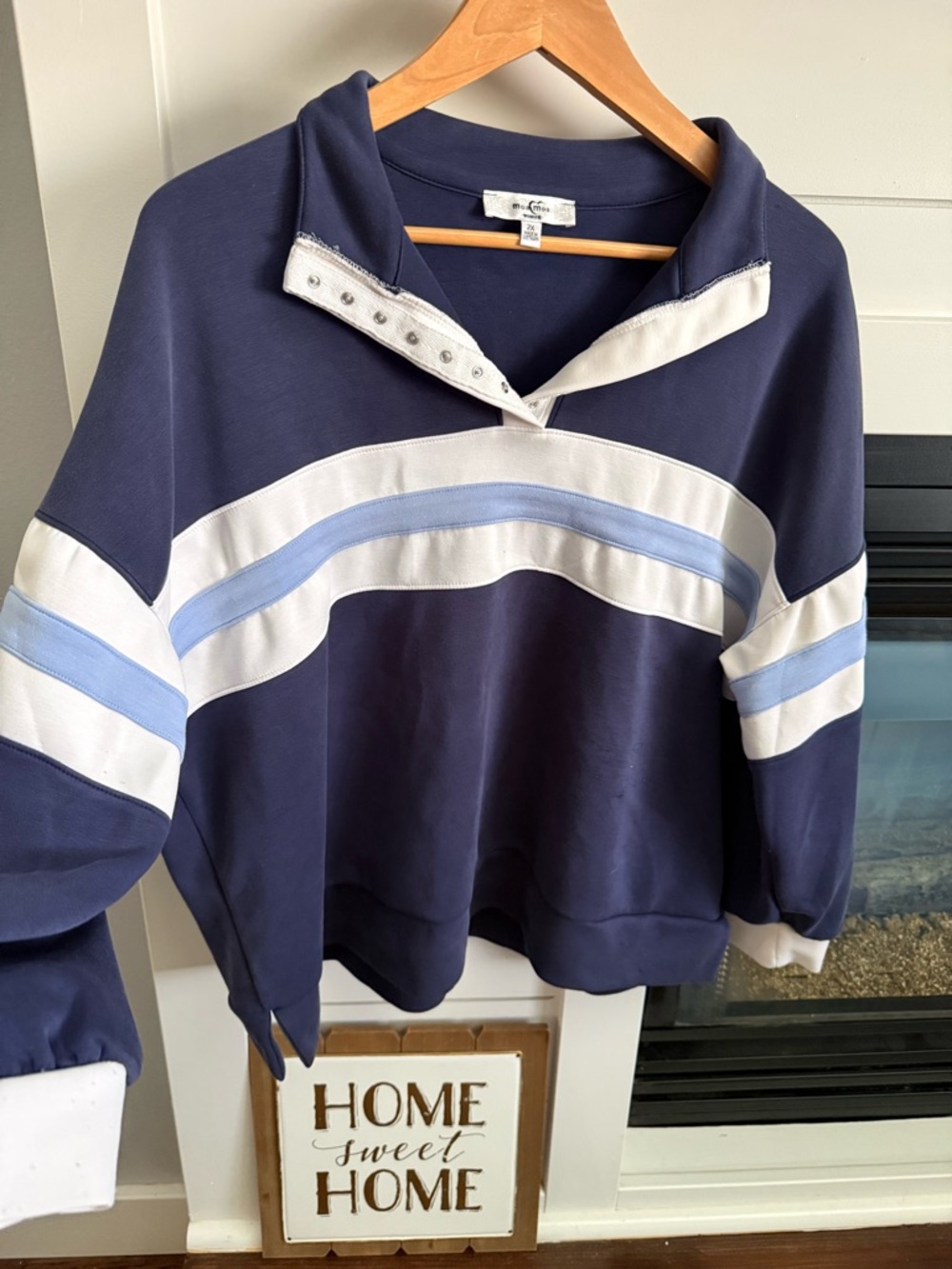 Moa Moa Navy Pullover Sweatshirt with White & Light Blue Stripes soft 2x - Picture 4 of 12